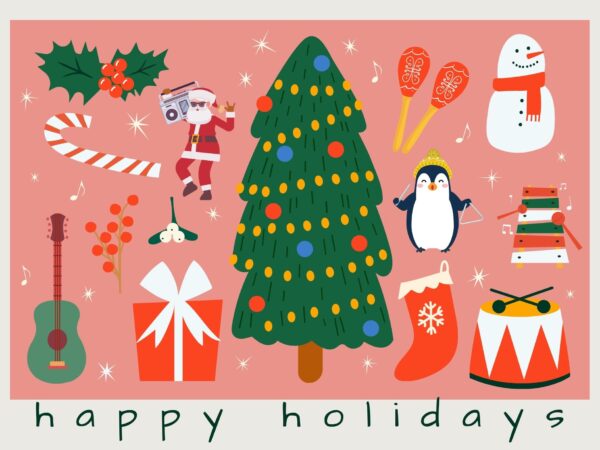 Holiday card for orange county music services that has a christmas tree and musical instruments