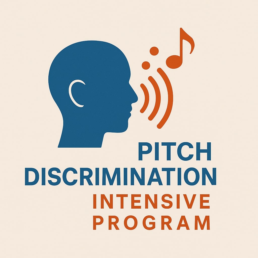 Logo for a pitch discrimination intensive program featuring a blue silhouette of a human head with orange sound waves and a music note symbolizing auditory and pitch processing skills
