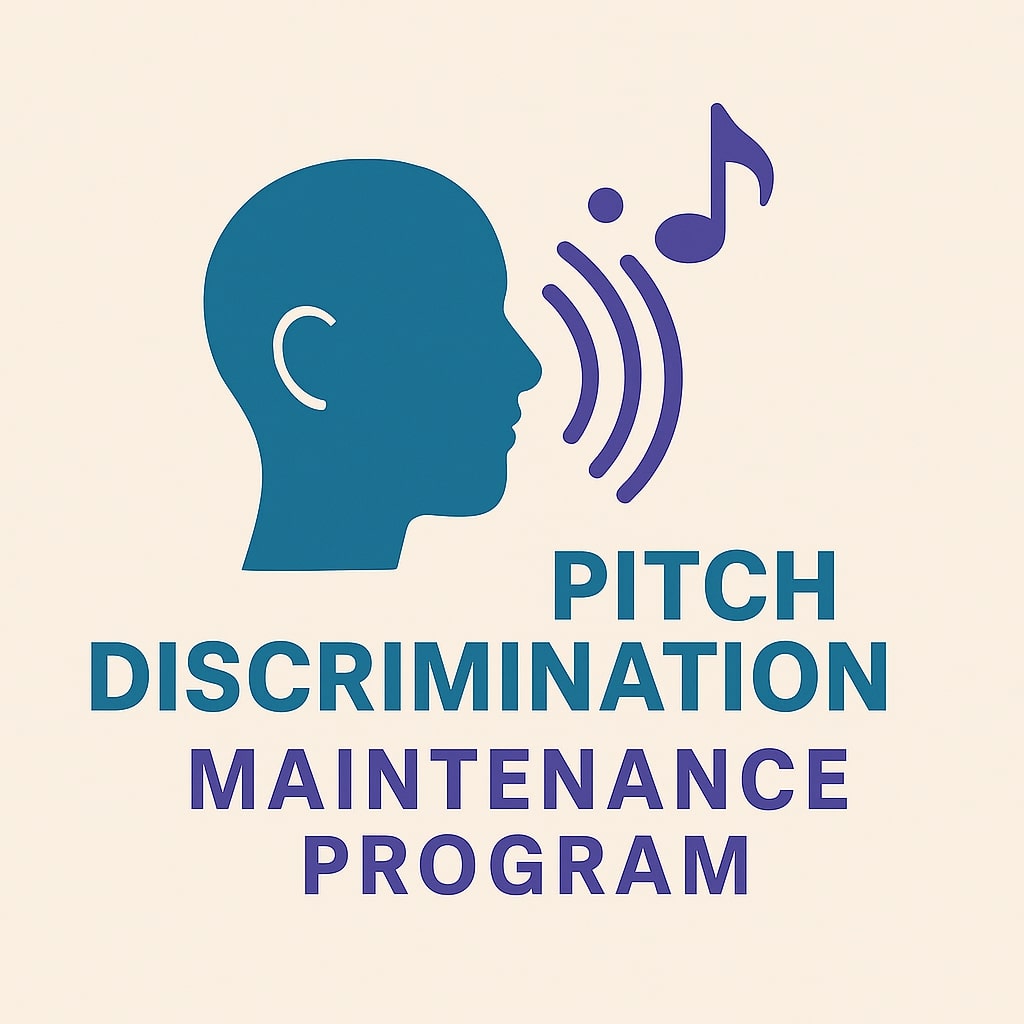 Pitch Discrimination Maintenance Program featuring a teal-blue human head silhouette with purple sound waves and a music note, symbolizing auditory processing and ongoing listening skill development."