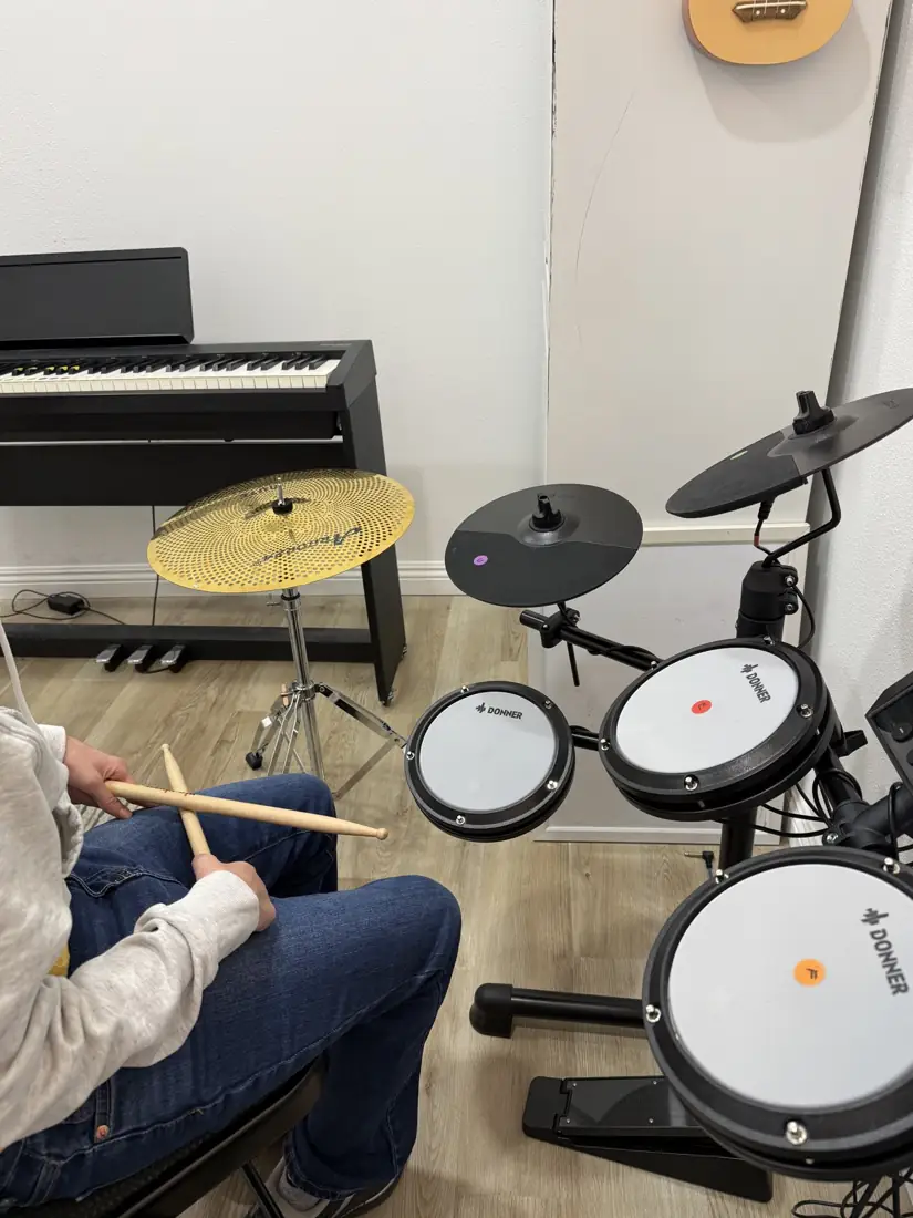 Our electronic drum kit at the OC Music Services studio, seen from the drummer’s seat
